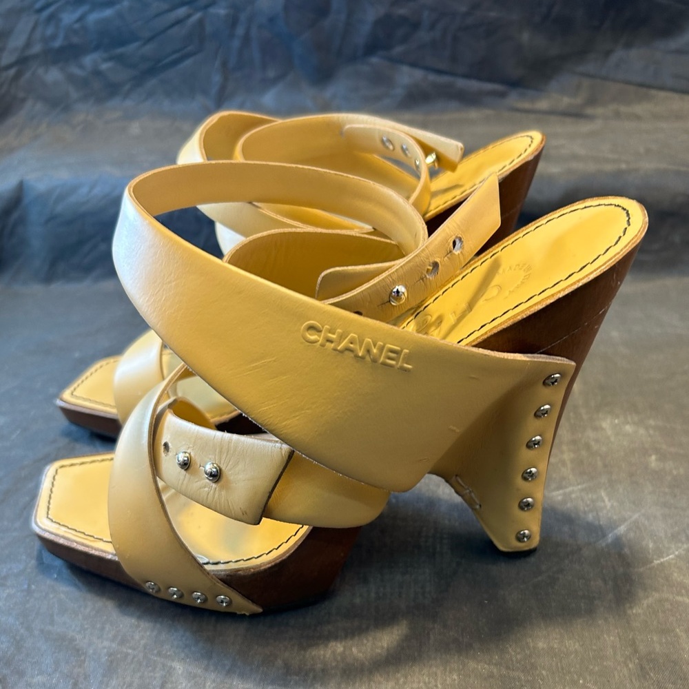 Chanel Tan Wrap Wood Sandal Heels